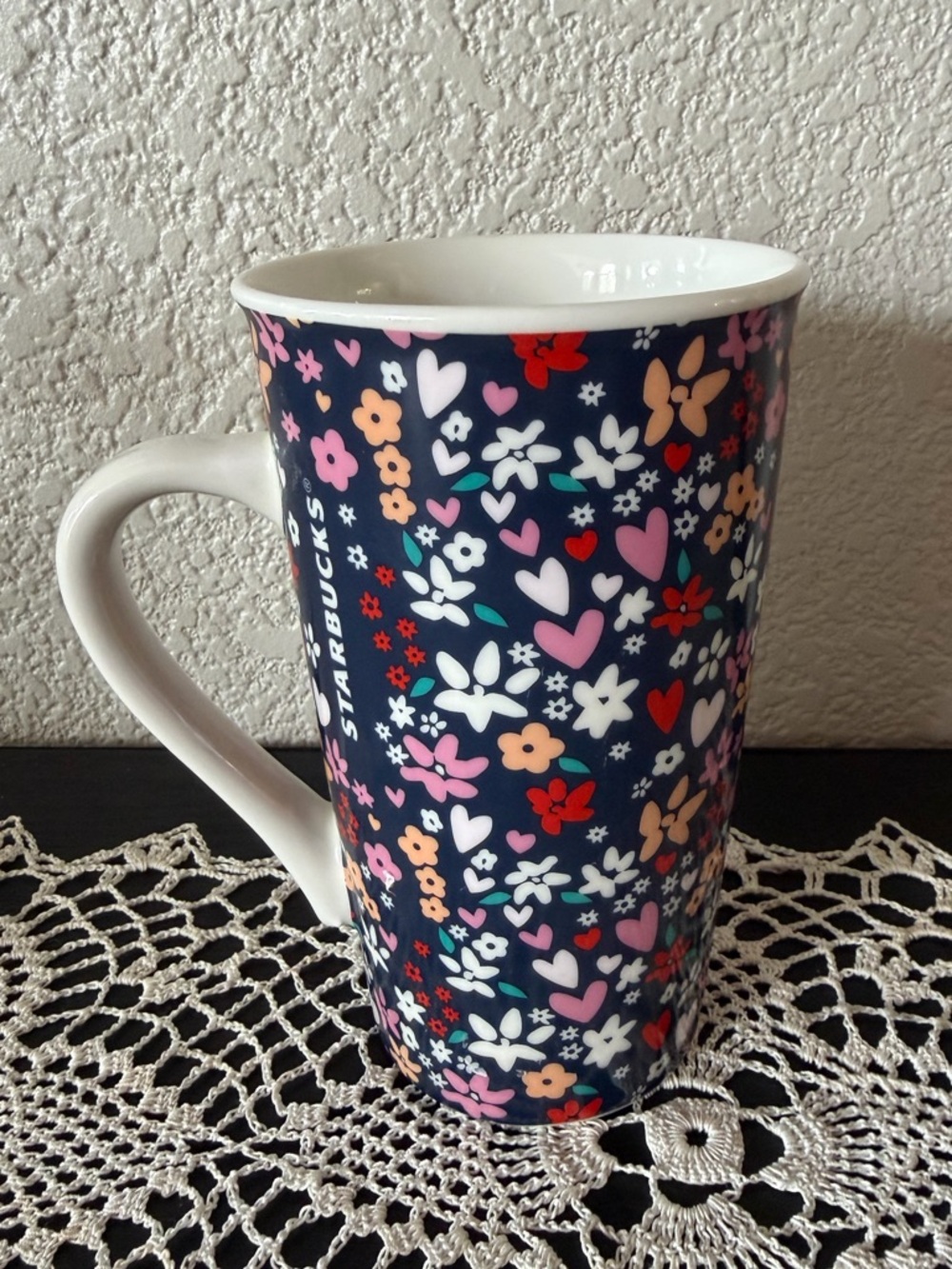 Starbucks Tall Navy Blue Flower Coffee Tea Mug 16 oz